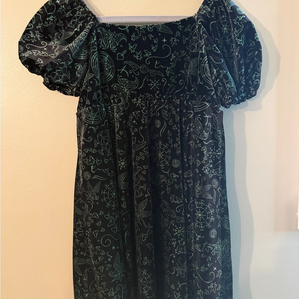 Girls Puff Sleeve Knit Dress in Dark Teal Print
